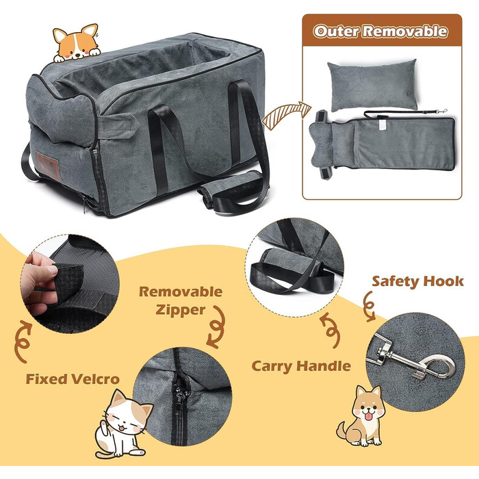 Автокрісло для собак та котів на середню консоль, стабільне, з ременем, знімний, миючий, для собак та котів до 6 кг (замша)