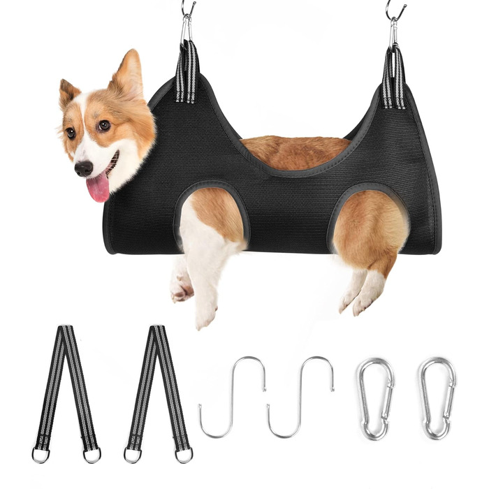 Набір для догляду за тваринами Autrucker: гамак для грумінгу котів/собак, обладнання для стрижки кігтів, аксесуари для купання, нашийник для грумінгу (S, чорний)