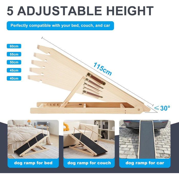 Рампа для собак на ліжко та диван, 5 ступенів, регульована, для маленьких та великих собак (дерево, 115 см)