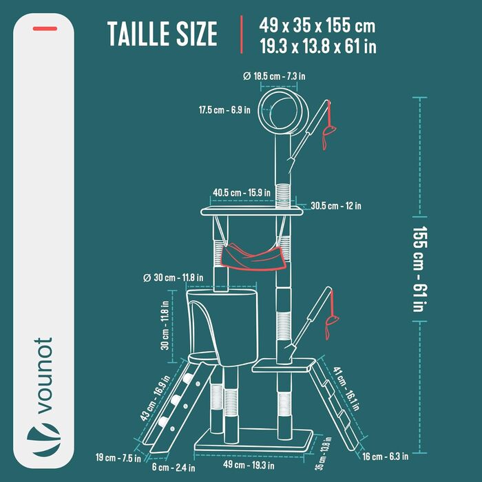 Кігтеточка для котів Vounot® 112 см, багатоярусна, з платформами, печерою та іграшками (сірий)