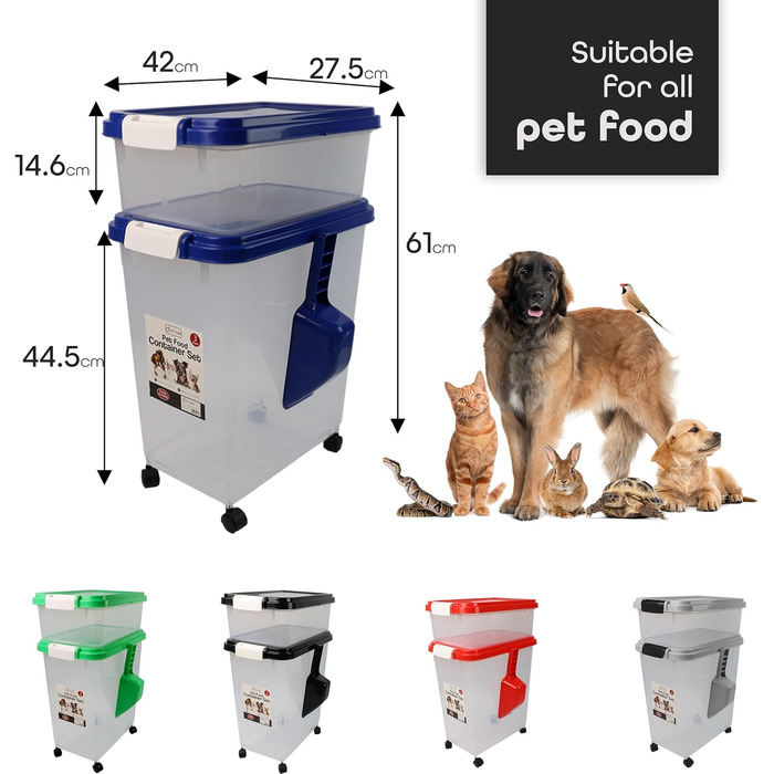 DIVCHI Контейнер для зберігання корму для тварин 3в1 з мірною ложкою, синій. Підходить для собак, котів та інших тварин. Герметичний, з роликами, для сухого корму.