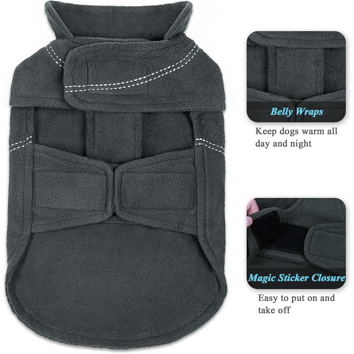 Теплий зимовий одяг для собак VIVAGLORY Softpad - флісова куртка з захистом живота, світловідбиваючий, регульований, сірий, XXS (31-36см, 20см)