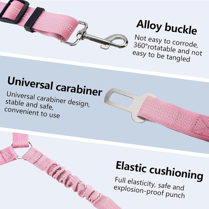 Ремінь безпеки для собак у машину, подвійний, еластичний, регульований, з амортизатором та карабіном для маленьких та середніх собак (рожевий)