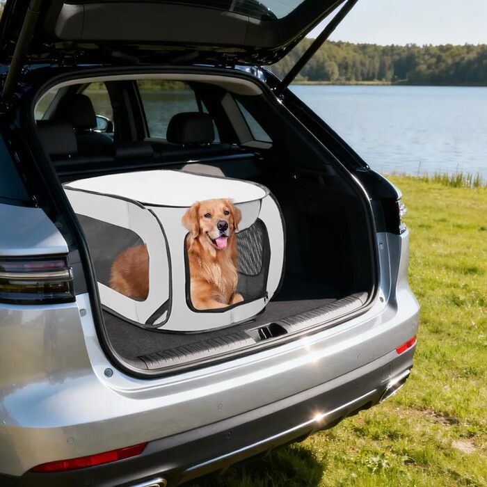 Складана переноска для собак 92x52x52 см з подвійними дверцятами - безпечна для подорожей на авто, з вентиляцією, Pop-Up, з оксфордської тканини, для собак/кішок до 30 кг (Зелена/Сіра)