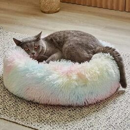 Ліжко для котів і собак Geizire, середній розмір, м'яке, кругле, пухнасте, антистрес, райдужне, для маленьких і середніх тварин, машинне прання