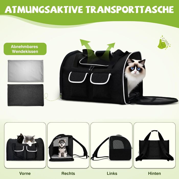 Рюкзак-переноска для котів ASOPETS Fatbarer, до 10 кг, чорний, з подушкою та кишенями