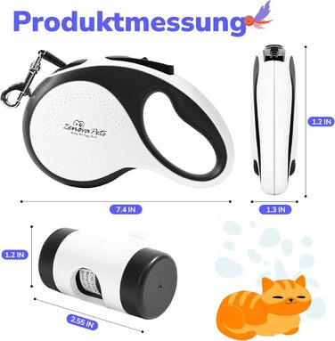 Рулетка для собак Zenova Pets 5м з тримачем для відходів, нейлоновий поводок 360°, антиковзний руків'я та кнопка швидкого гальмування. Підходить для собак великих, середніх та малих порід до 30 кг