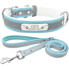 Іменний світловідбиваючий нашийник та поводок для собак та котів Senristar, блакитний комплект. Персоналізований нашийник з гравіюванням, XS (ширина 1,5 см, обхват шиї 19-25 см)