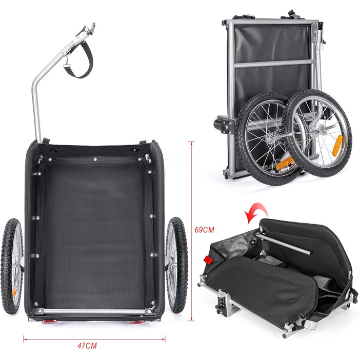 Велосипедний причіп CXWXC зі стоп-каміном - великий вантажний простір до 120 л, вантажопідйомність 40 кг, складаний вантажний причіп з тентом та прапорцем безпеки - ідеальний для щоденного транспортування (чорний)