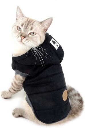 Зимова куртка для собак, тепла флісова підкладка, бавовняний халат для тварин, захист від вітру, капюшон, для котів та собак, чорний, розмір L (обхват грудей 42 см)