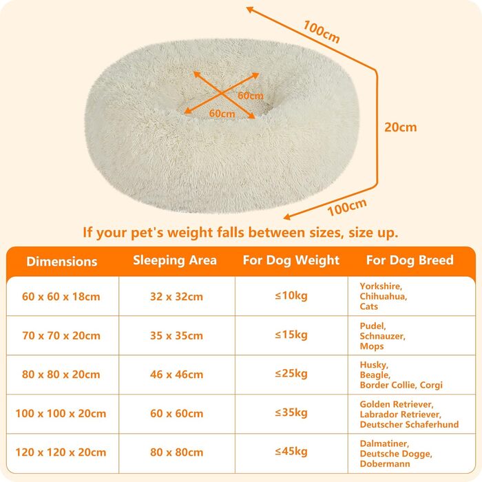 Ортопедичне ліжко для собак, кругле, м'яке, для котів та собак, ліжко-лежанка, кошик, 100 см, бежеве