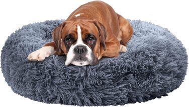 Кругле плюшеве ліжко для собак та котів Fur & Bone, 60 см, темно-сірий, самонагріваючеся, з водонепроникною основою