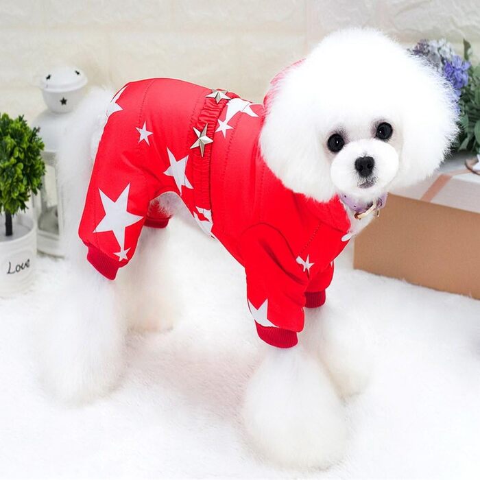 Зуена Зимовий теплий костюм для собак з капюшоном, флісовою підкладкою та зірковим поясом. Водонепроникний костюм для собак, теплий одяг для собак, худі, комбінезон для котів, цуценят, чихуахуа. Розмір L (спинка 30 см, груди 42 см), червоний