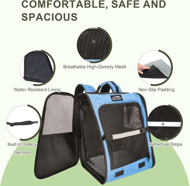 Рюкзак-переноска для собак та котів/цуценят, до 5,9 кг, дихаюча сітка, кишені, безпека, для подорожей (Блакитний)