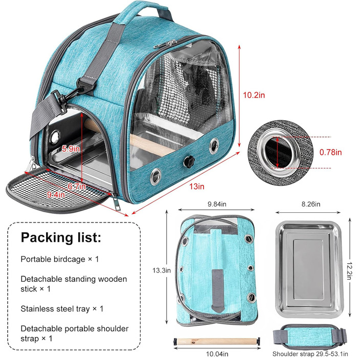 Транспортна сумка для птахів Vogel з підставкою та металевим підносом, переноска для папуг, рюкзак для птахів з дерев'яною ручкою, переносна клітка для малих птахів, блакитна