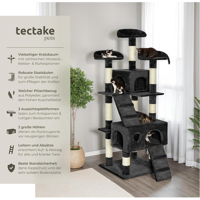 Велика когтеточка для котів tectake, з 3 сизалевими стовпчиками, 3 лежанками, будиночком, 2 сходинками, середня висота, для котів і кошенят, чорна