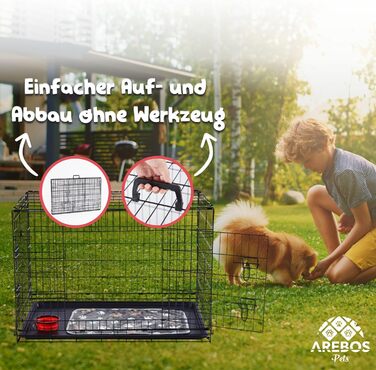 Складаний металевий вольєр для собак AREBOS 63x45x51 см, чорний, для авто та дому, з 2 дверима, з ковдрою і мискою