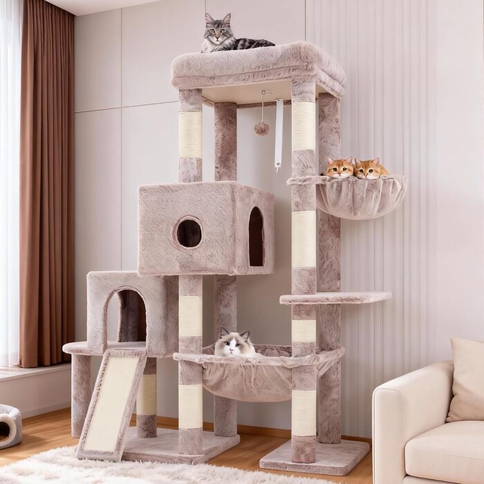 Котячий будиночок Hey-brother Kratzbaum з великими платформами для великих котів, 127 см, з драбиною, 2 печери, гамак, сизаль, кошик, MPJ071W (пісочний)