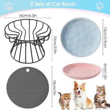 Набір мисок для котів (2 шт.) з підставкою, керамічні миски для корму та води, силіконовий килимок, блакитний + рожевий