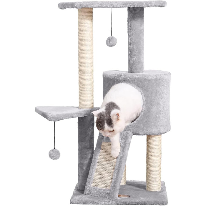 Дряпак для котів PATAM з натурального сизалю з котячою печерою та рампою, посилена основа та легка збірка – висота 83,5 см, іграшки Бежевий (Світло-сірий)