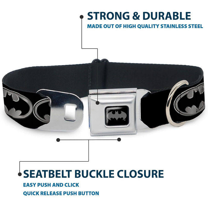 Buckle-Down нашийник для собак Batman, чорний/сріблястий, міцний, регульований