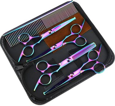 Набір ножиць для грумінгу собак 6-в-1: прямі, зігнуті, для начісування та проріджування. Професійний набір для догляду за шерстю собак