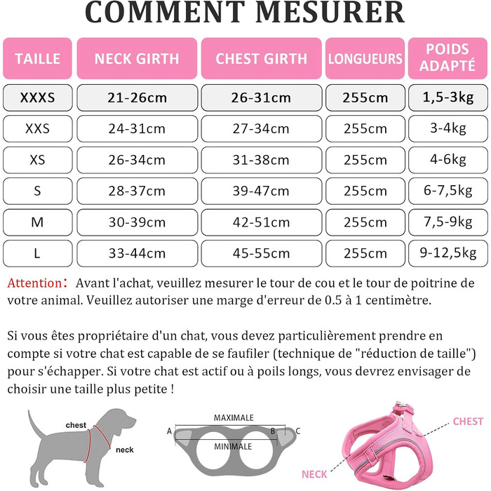Нашийник для котів Qianruida з повідком, регульований, зручний, дихаючий, світловідбиваючий (Рожевий, XXXS)