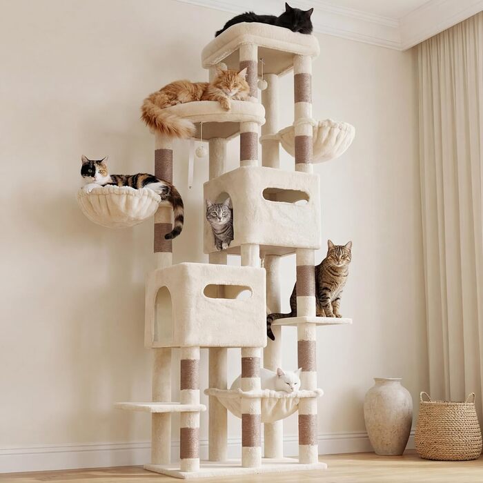Heybly Katzenbaum 190 см, XXL Дряпка для великих котів, стійка висока когтеточка з великою платформою, 2 печери, гамак та міцні стовпи з сизалю, котячі меблі, HCT062G (Бежевий)