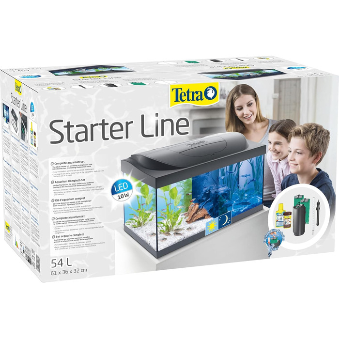 Акваріум Tetra Starter Line 54 л комплект: LED підсвітка день/ніч, внутрішній фільтр, обігрівач, корм для риб та кондиціонер для води