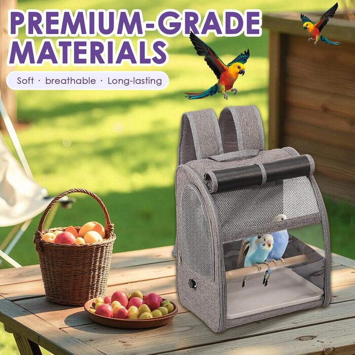 Рюкзак для птахів: переносна сумка-транспортер з жердинами та підставками, сірий. Підходить для папуг та інших середніх та дрібних птахів. Зроблений з дихаючої та міцної тканини Оксфорд.