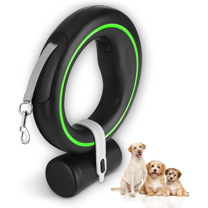 Moestar Висувна повід для собак з контейнером для відходів, рулетка, для маленьких та середніх собак (чорний/зелений)