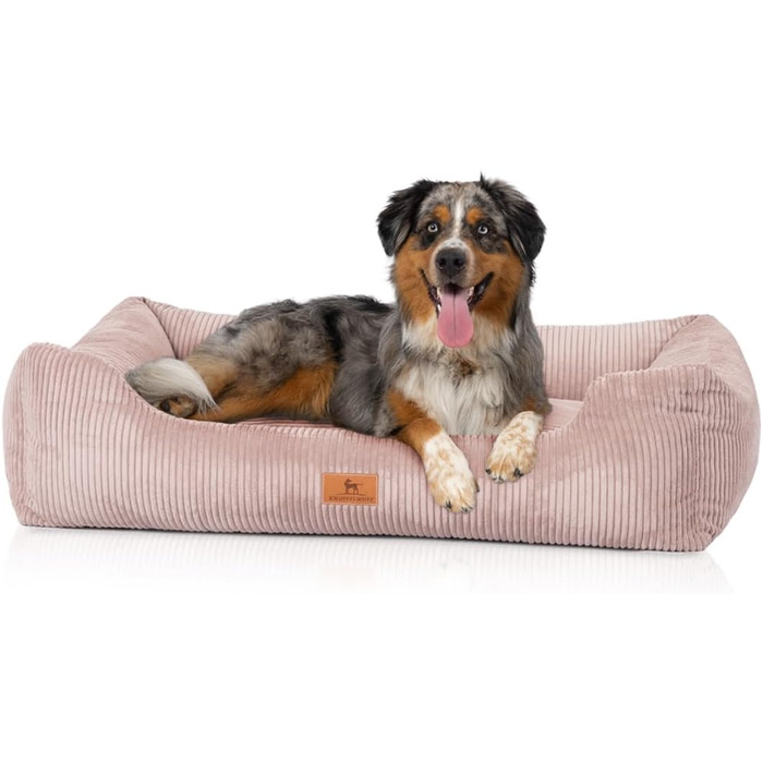Кнуфельвуфф лежанка для собак з корду з ручним плетінням, модель Олівія M-L, 85 x 63 см, рожева, знімний чохол, придатна для прання, для великих, середніх та малих собак, розмір L 85 x 63 x 23 см, рожева