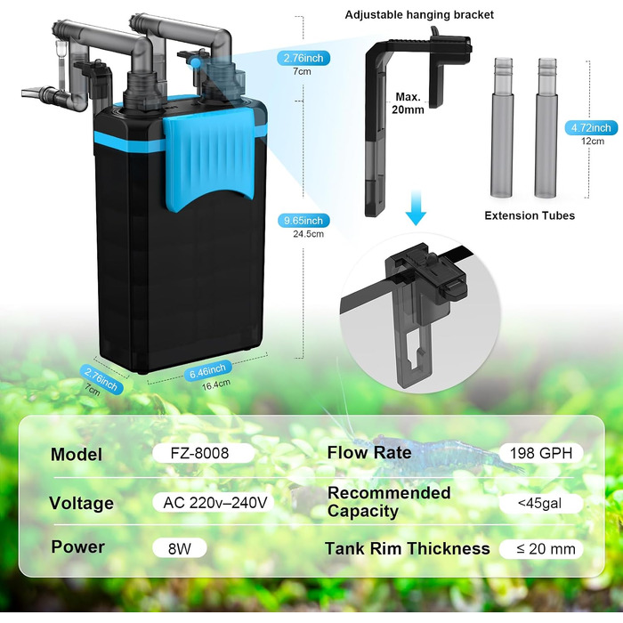 Фільтр для акваріума FZONE Aquarium-Rückfilter 4-ступеневий для міні та нано акваріумів, 106 GPH, з регулюванням потоку та насадкою-дощом (L)