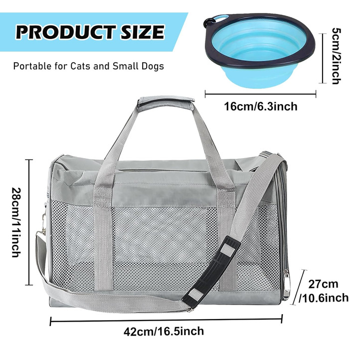 Транспортний бокс для котів та собак BYZESTY, складаний, 42 x 27 x 28 см, сірий (з мискою)