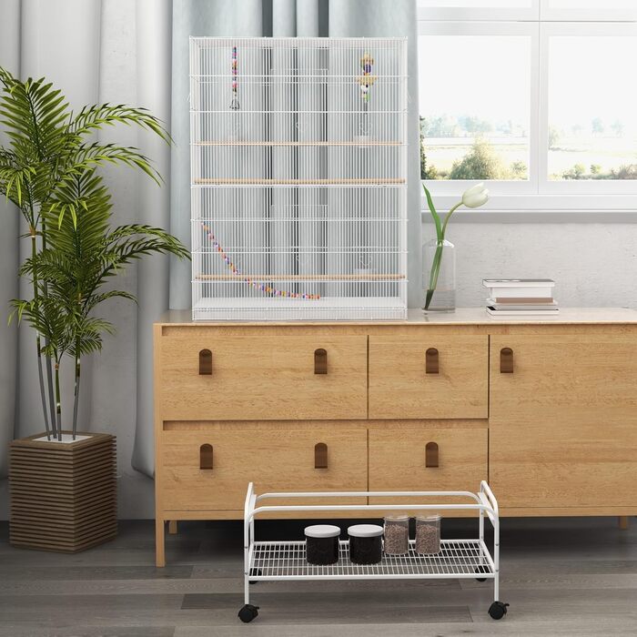 Клітка для птахів PawHut велика з підставкою, іграшками, колесами, аксесуарами та полицею для канарек, сніжків, нерозлучників та попугаїв - біла, 79 x 49 x 133 см