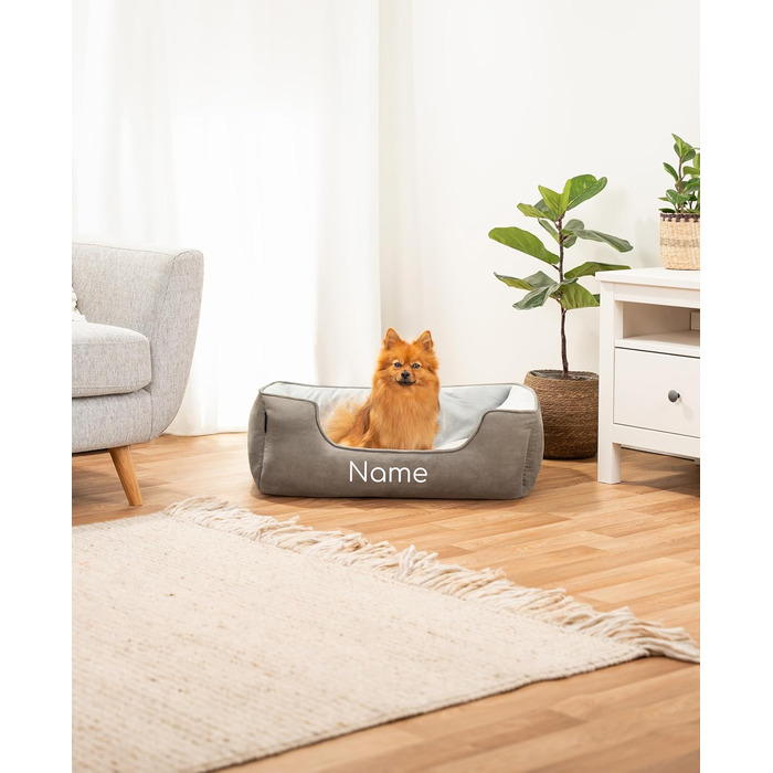 Ліжко для собак Lionto 2-в-1 з комфортним входом, м'яке домашнє ліжко для тварин, яке можна перевертати, для собак та котів, 110x80 см, подушка для собак з легкою у догляді оксамитовою обробкою (Д 80 x Ш 60 x В 26 см (з нанесенням імені), Темно-сірий/Світ