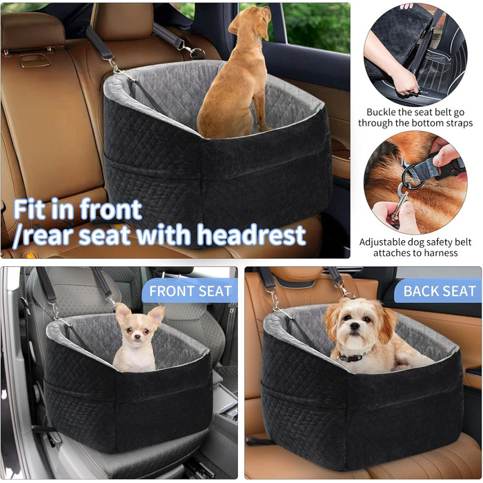Автокрісло для собак - оновлена версія, Memory Foam, сірий колір, для малих та середніх собак до 15,9 кг, з безпечною шнуркою, знімне та миється
