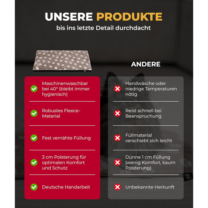 Лежанка для собак HS-Hundebett® XS (45x65 см) – неслизька та затишна, з наповнювачем 3 см – ідеальна для дивану, авто та переноски – Made in DE (65 x 95 см, Tatze Beige)