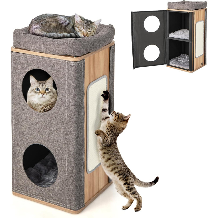 Котячий будиночок GYMAX з 3 печерами, 4-ярусний, з плюшевими подушками та дряпальними дошками, сірий, 38 x 38 x 77,5 см