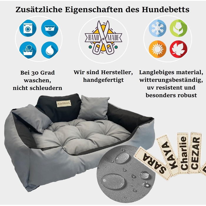 Крісло-ліжко для собак великих порід KING DOG, 100 x 75 см, водонепроникний матеріал, силіконовий наповнювач, темний сірий колір, з можливістю персоналізації (нанесення імені)