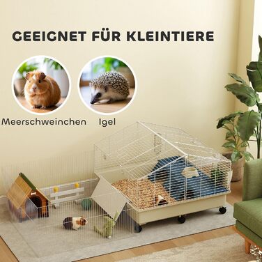 Клітка для дрібних тварин PawHut з вольєром, клітка для кроликів, клітка для дрібних тварин з пляшкою для води, годівницею для сіна, рампою, коліщатками. Підходить для морських свинок та їжаків. Білий колір.