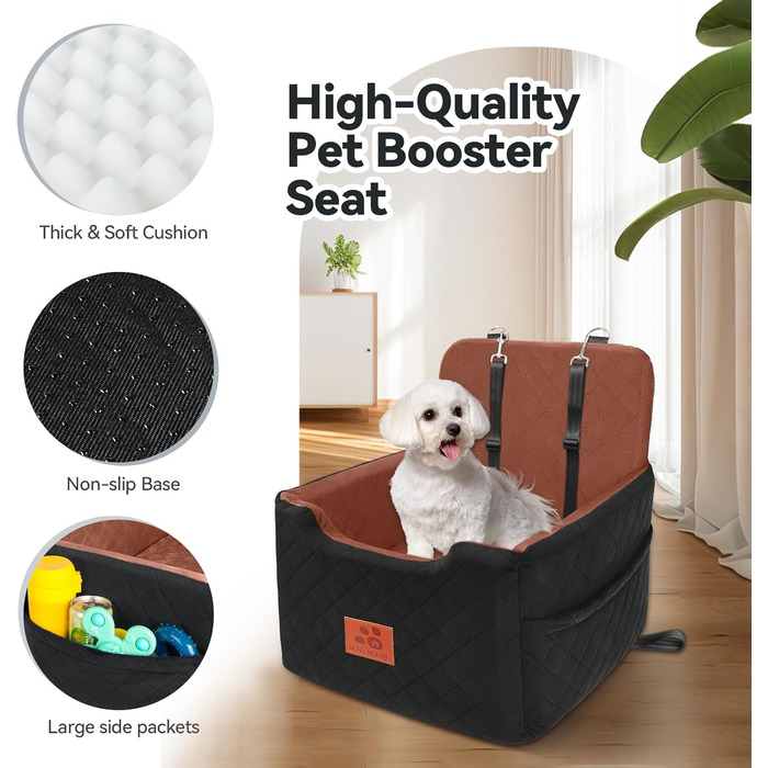 Автокрісло для собак маленьких та середніх порід (до 15 кг), знімний та миючий чохол, 2 ремені безпеки (чорний/коричневий)