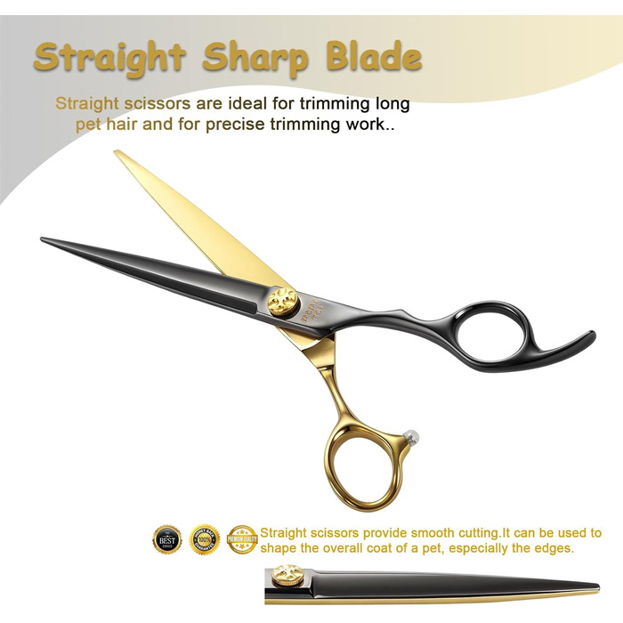 Професійна вигнута ножиця для грумінгу собак, японська сталь 440C, 19.1 см, чорний та золотий колір