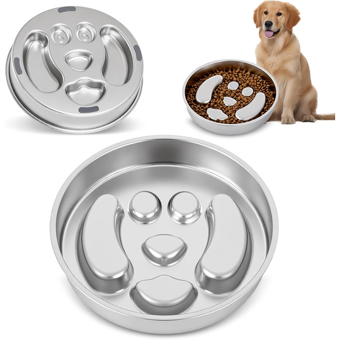 Миска для собак Slow Feeder з нержавіючої сталі з силіконовою основою, 2 чаші, велика місткість, для повільного годування, всіх порід