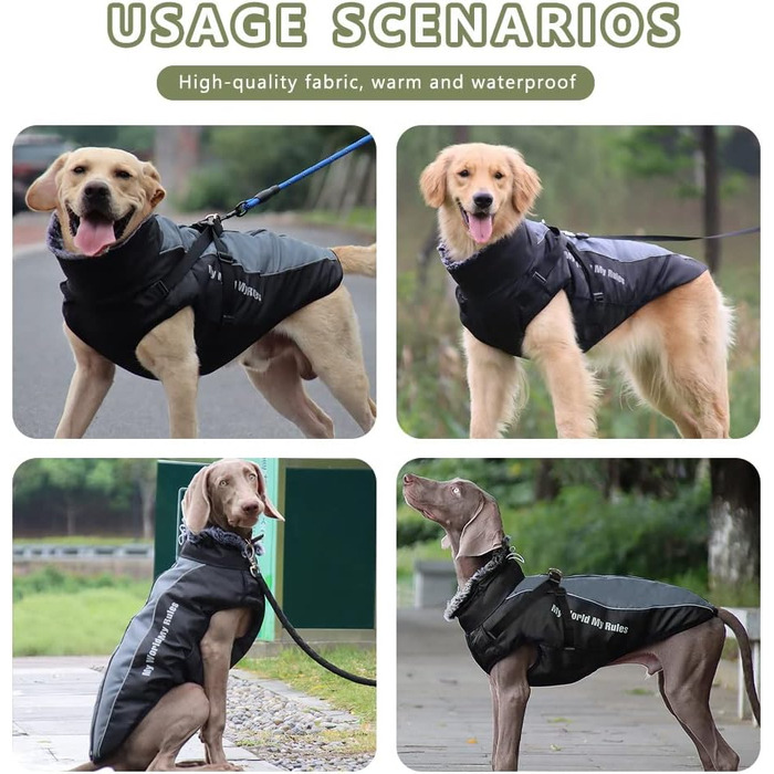 Водонепроникна зимова куртка для собак з шлейкою, великий розмір 6XL, чорний колір