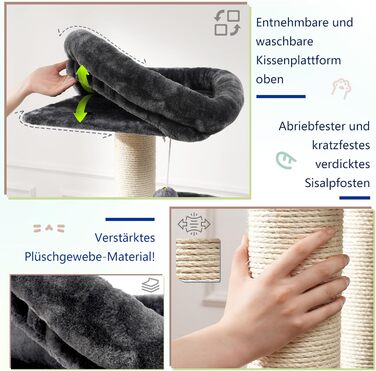 Кігтеточка XXL для мейн-куна, 168 см, з гамаком, сизаловим стовпом (φ11 см), коморою, корзиною, 2 платформами, EMPJ01M (димно-сірий)