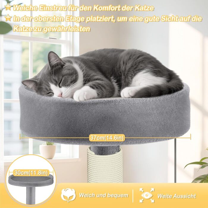 Драбина-кіготь для котів Naizy K1276, сіра, 49x41x93 см - XXL, з сизалевими стовпцями та будиночком