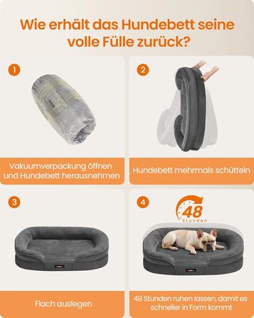 Feandrea лежанка для собак, ортопедична, 76 x 51 x 18 см, сірий колір, для середніх собак, знімний, водонепроникний чохол, протиковзна