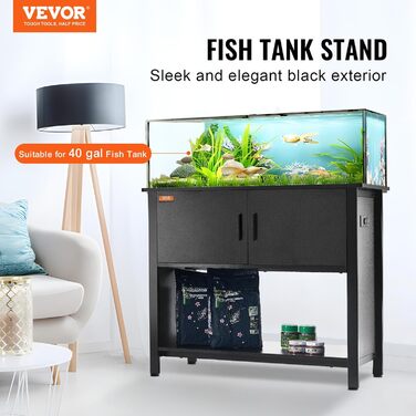 VEVOR акваріумна підставка 40 гал, сталево-MDF, для риб та рептилій, 93x48x80 см, до 152 кг, з шафою та вбудованою панеллю живлення, чорна
