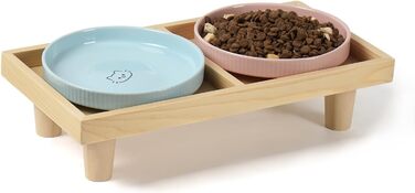 Миска для котів плоска керамічна з дерев'яною підставкою, піднята станція для годування з 2 керамічними мисками, миска для котів, діаметр миски 16 см для їжі та води, рожева & блакитна, блакитно-рожева